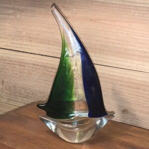 Murano Style 8" Sailboat Cobalt Blue Green  & Clear Glass Paperweight Decor